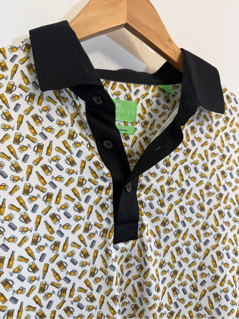 Construct Golf Polo Men’s Large Beer Drinking Allover Ptint Contrast Collar